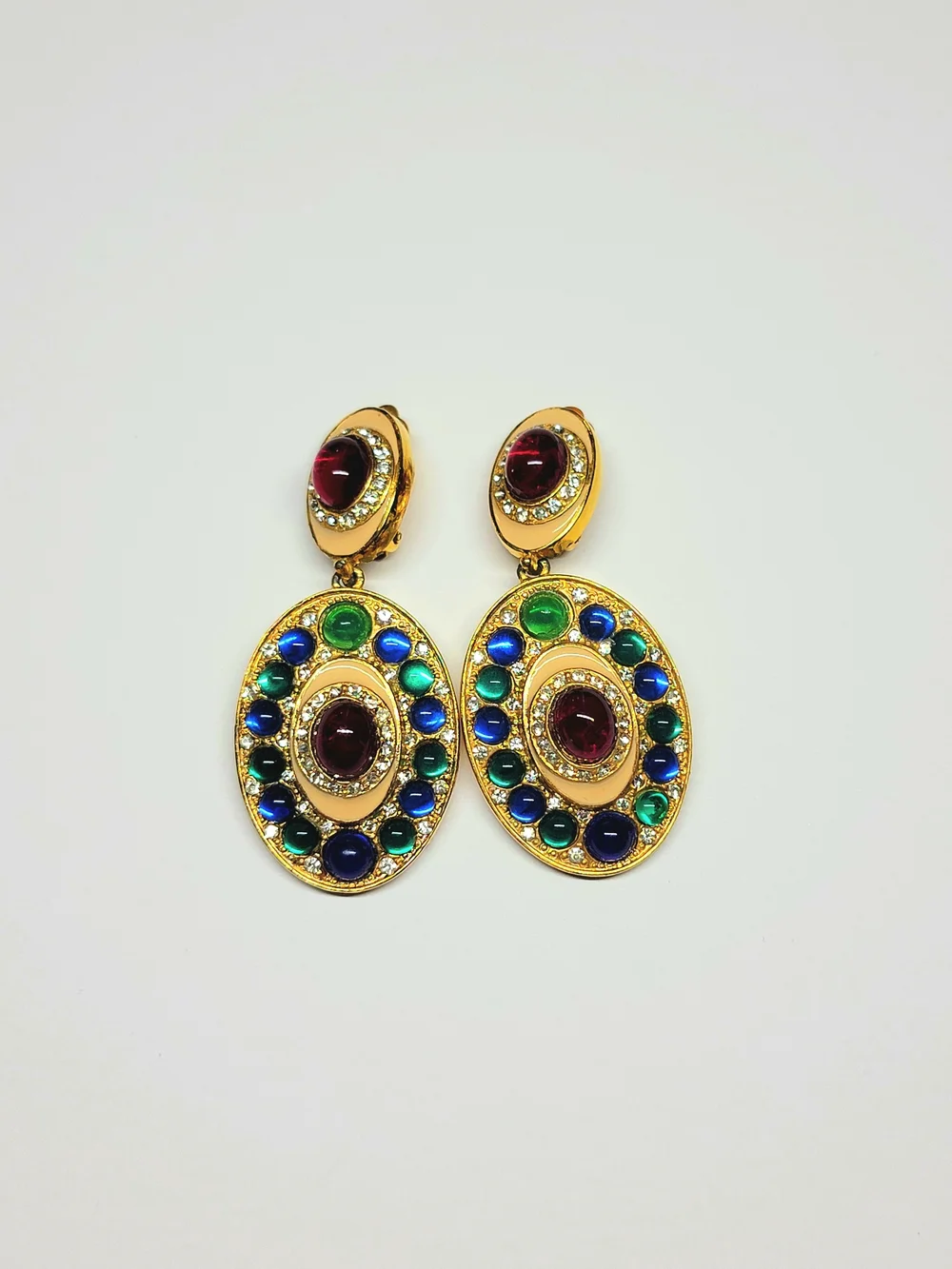 Vintage Kenneth Jay Lane Gold Tone Cabochon Statement Clip Earrings - Picture 3 of 10